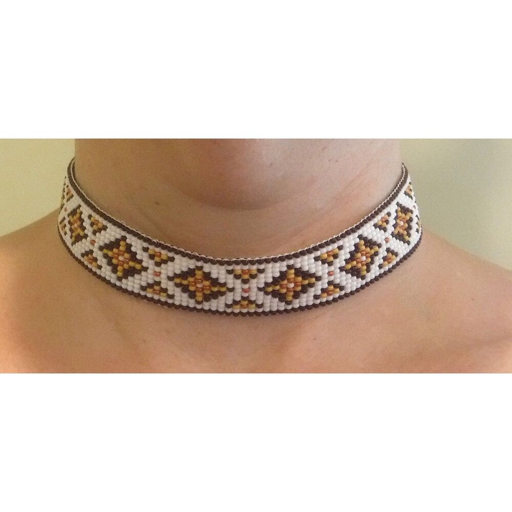 Loom Beaded Choker Necklace White & Brown w/ Leather